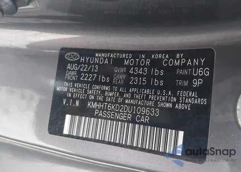 2013 Hyundai Genesis 2.0T from USA, damaged, VIN KMHHT6KD2DU109633